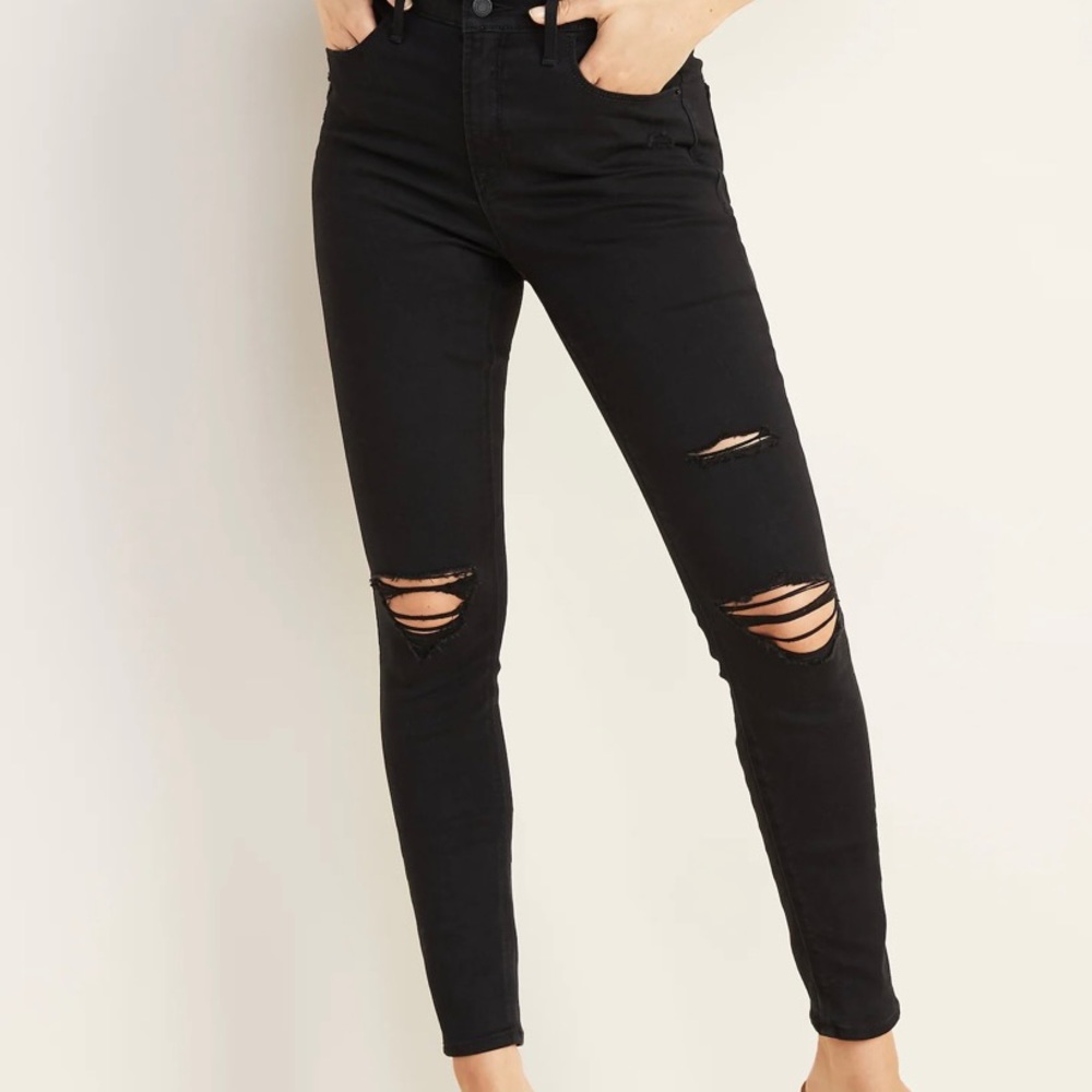 High waisted black distressed jeans